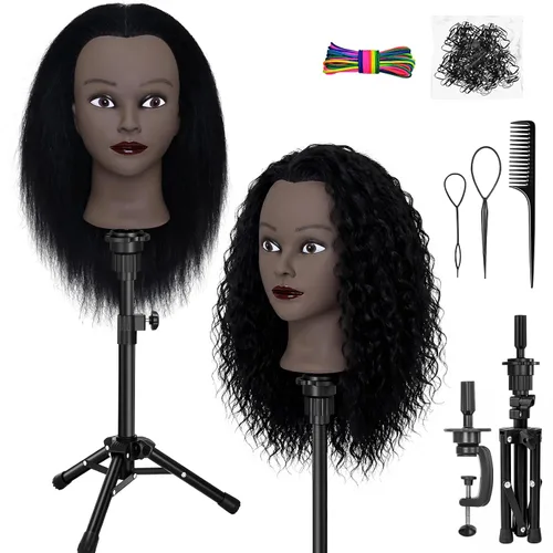 Afro Mannequin Head,100% Real Hair Doll Hairdressing Head with Stand,16" Hairdressing Head with Tripod, Cosmetology Head Hair Doll Styling Head