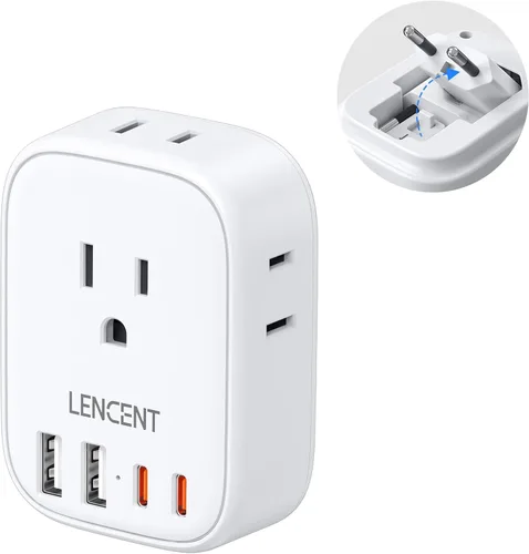 LENCENT - Adaptador de enchufe de viaje europeo, enchufe plegable tipo C de Estados Unidos a Europa con 4 tomas, 4 puertos USB (2 USB C), adaptador