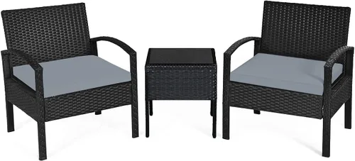 COSTWAY Juego de muebles de patio de 3 piezas, juego de conversación de ratán al aire libre con 2 sillas y mesa auxiliar, moderno juego de mimbre