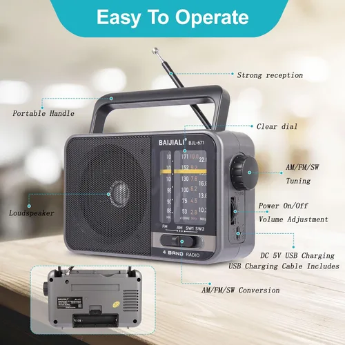 Miniatura 3 de Radio transistor AM/FM portátil con altavoz, alimentada por batería o USB - Radio compacta de emergencia para interior, exterior, viajes y tormentas