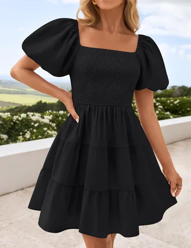 Miniatura 8 de ZESICA Mini vestido corto de verano bohemio 2025 con cuello cuadrado, manga abombada, hombros descubiertos, fruncido, escalonado, casual