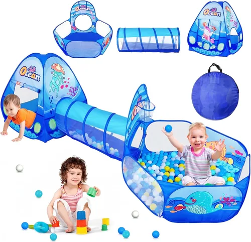 Miniatura 8 de PigPigPen Tienda de campaña 3 en 1 para niños con túnel de juego, pozo de bolas, aro de baloncesto para niños y niñas, juguete de casa