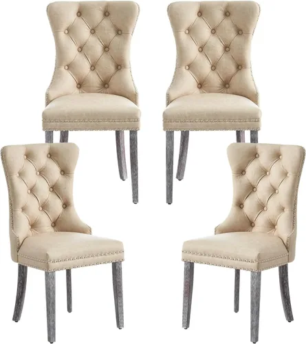 Miniatura 34 de Juego de 6 sillas de comedor de cuero, sillas de comedor tapizadas con ribete de cabeza de clavo y patas de madera maciza, silla auxiliar de comedor