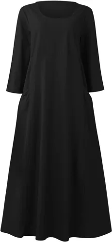 Miniatura 5 de Akivide Vestido largo de algodón y lino para mujer, manga 34, bohemio, liso, fluido, casual, verano, otoño, playa, vestido tipo camiseta