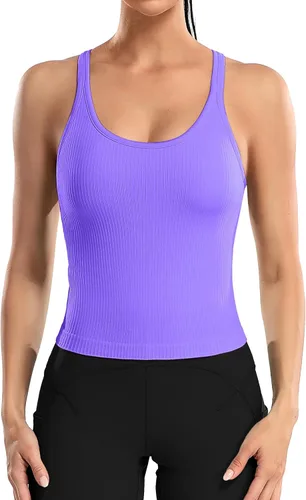 ATTRACO Camiseta corta acanalada de entrenamiento para mujer con brasier integrado para yoga, espalda cruzada, ajuste ajustado