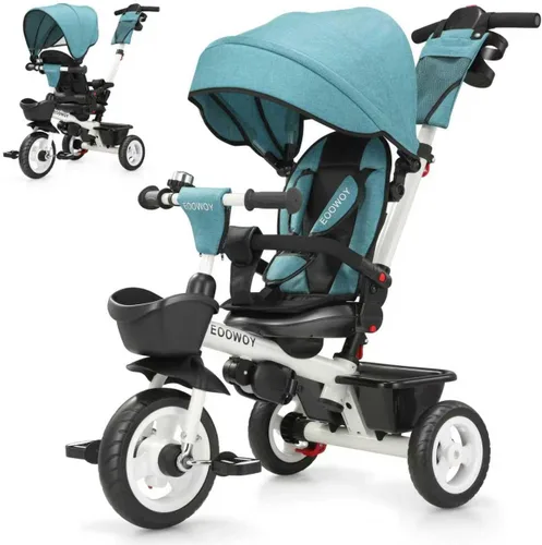 Miniatura 12 de EOOWOY Triciclo para niños pequeños con mango de empuje, Cochecito Triciclo 7 en 1 con asiento giratorio de 360°, respaldo reclinable, ruedas todo