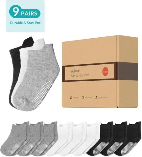 Miniatura 5 de Infinno Calcetines de tobillo antideslizantes para bebé, 9 pares - Calcetines para niños pequeños con agarre para niños, bebés y niñas de 6 a 24