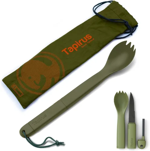 Miniatura 4 de Tapirus Spork Tactical - Paquete de 2 tenedores tácticos naranja/verde, sin BPA, cuchillo de acero inoxidable y arrancador de fuego, utensilio