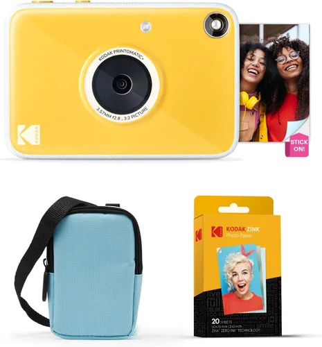 Kodak Printomatic+ Paquete de inicio de cámara digital de impresión instantánea + funda de transporte (azul) + papel fotográfico Zink con parte