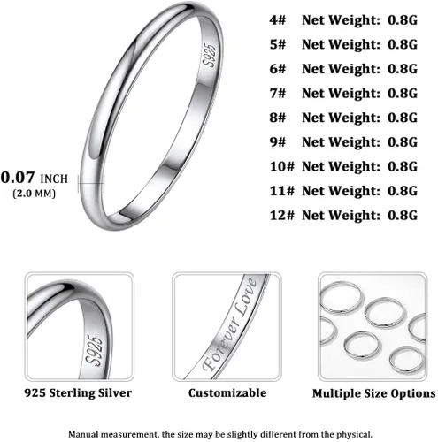 Miniatura 4 de ChicSilver 235mm 925 Sterling Silver Ring Customizable Plain Dome High Polished Wedding Band Comfort Fit Size 4-12 (with Gift Box)