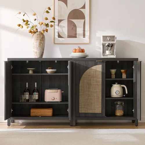 Miniatura 5 de SICOTAS Juego de 3 aparadores de ratán de 102 pulgadas de ancho, armario de almacenamiento moderno Credenza con puertas de arco y estantes, Roble