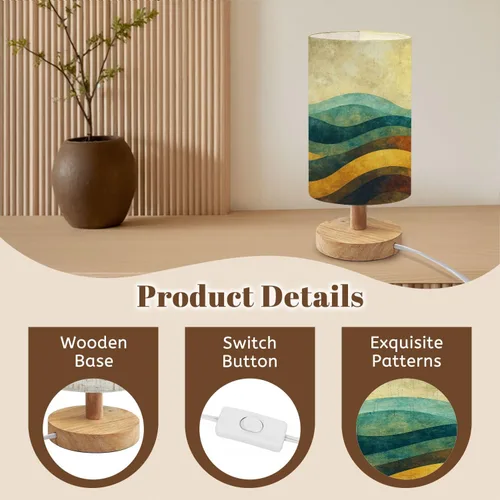 Miniatura 5 de Bedside Table Lamp Creative Minimalist Hand Illustrations Mid Century Modern Abstract Sun Dimmable Desk Lamp with Flaxen Fabric Shade Wood Base