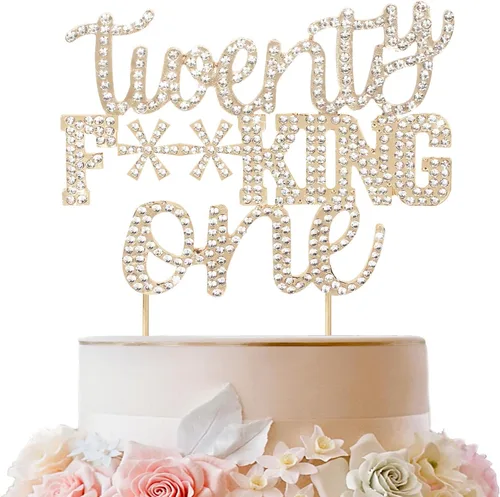 LINGTEER Veintiún divertidos adornos dorados para tartas con diamantes de imitación – Saludos a los 21 años de edad, decoración de centros de mesa