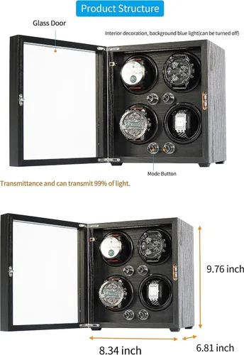 Miniatura 5 de Oryx - Enrollador de 4 relojes para relojes automáticos, caja de reloj giratoria de madera, 5 modos de rotación, caja de visualización con luz LED