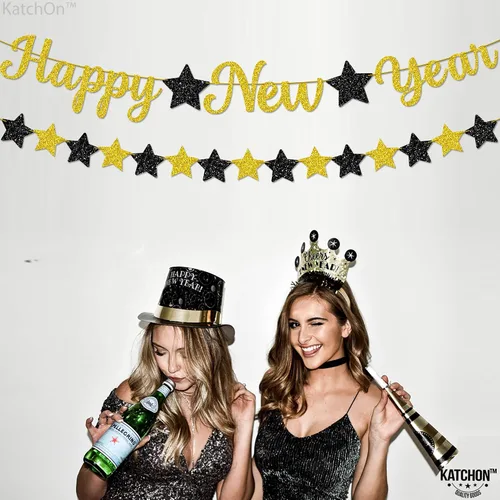 Miniatura 3 de KatchOn, Cartel de Feliz Año Nuevo pre-encordado – 10 pies, NO DIY, decoraciones doradas de la víspera de feliz Cartel de decoración de fiesta