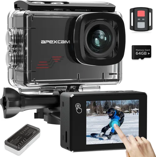 Apexcam Cámara de acción con pantalla táctil 4K, cámara impermeable de 131 pies bajo el agua, 60FPS 64MP casco de cámara deportiva para Vlog,
