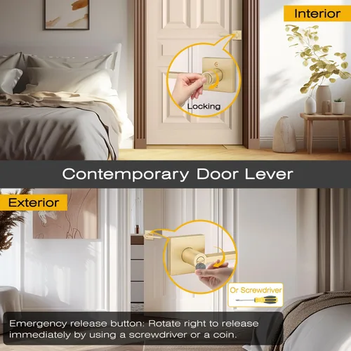Miniatura 3 de 1 paquete de manijas de puerta doradas, pomos de puerta resistentes para interior de dormitorio y baño, manijas de puerta con cerradura de palanca