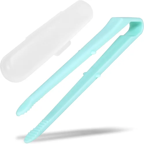 Seki Japan Chip Tong, 5.5 pulgadas, mini pinza para alimentos, cuerpo de plástico azul claro, puntas dentadas con estuche para papas fritas, dulces,