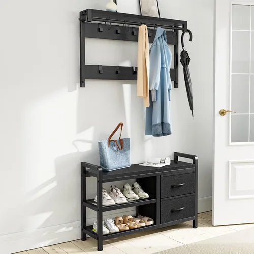 Miniatura 2 de Lulive Hall Tree, banco de entrada de 31.5 pulgadas con perchero independiente, banco de zapatos de diseño inteligente 5 en 1 y estante de pared, 17