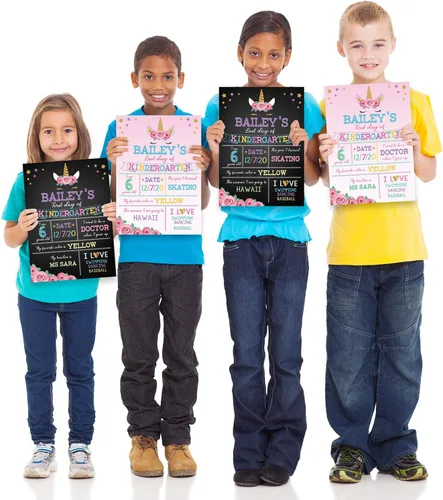 Miniatura 7 de Pizarra para tiza con diseño de unicornio con texto en inglés “First Day of School”. Pizarra para compartir fotos del primer y último día de clases.