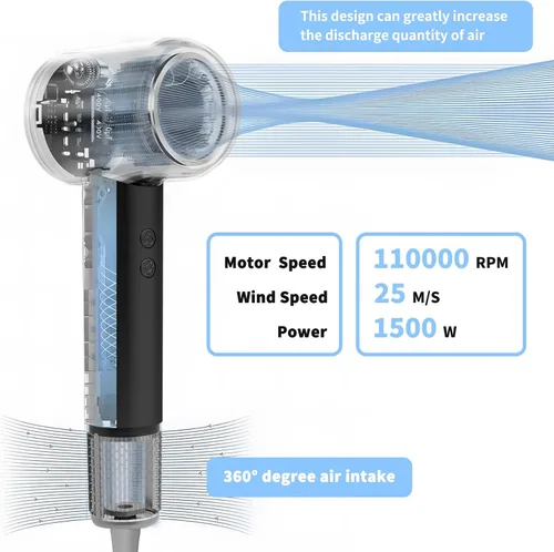 Miniatura 3 de Secador de pelo para mujer: motor de 110,000 RPM para secado ultrarrápido, 3 temperaturas y 2 ajustes de velocidad, diseño ligero con boquilla