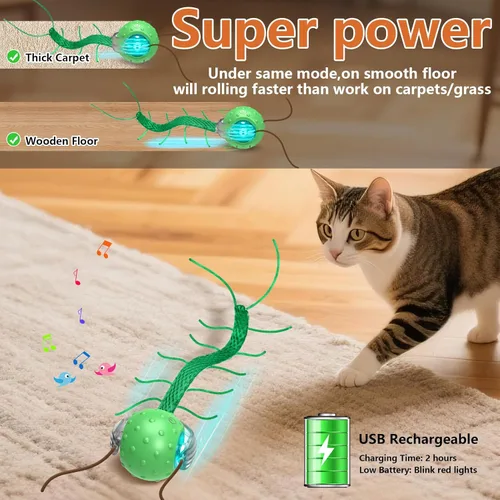 Miniatura 5 de Giociv Juguetes Interactivos para Gatos Aburridos, con Gorjeo, Movimiento de Ciempiés Despertar Súper Motor Pelota para Gatos en Alfombra
