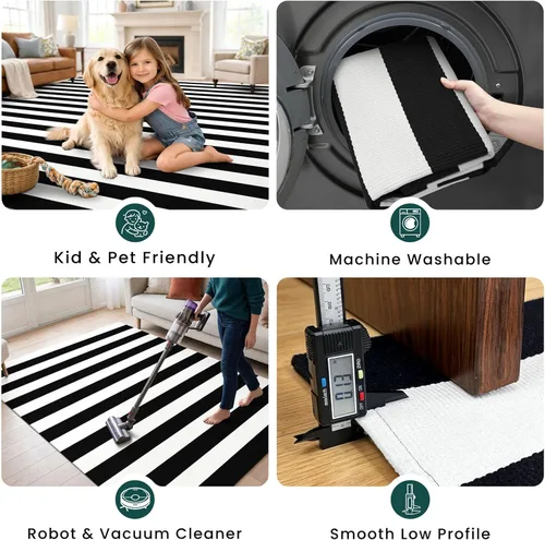 Miniatura 7 de KOZYFLY Alfombra a rayas blancas y negras de 2 x 3 pies, tejido de algodón, lavable, para interiores y exteriores, alfombra pequeña para puerta