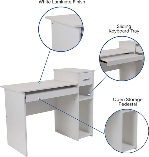 Miniatura 4 de BizChair Escritorio blanco para computadora con estantes y cajón