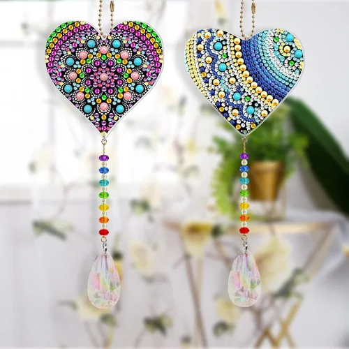 Miniatura 3 de YALKIN 4 piezas de pintura de diamante carillón de viento, corazón de pájaro de doble cara, gema de cristal por número, pintura de diamante, adorno
