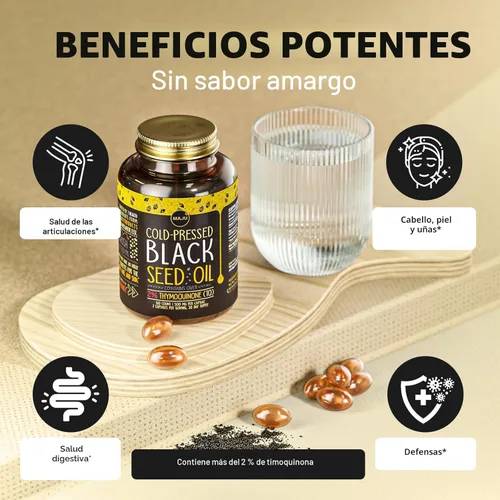 Miniatura 4 de Maju Superfoods Cápsulas de aceite de semilla negra, prensado en frío, 2% timoquinona, 100% aceite de semilla de comino negro turco, Nigella sativa