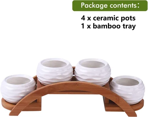 Miniatura 4 de E-liu Juego de macetas y soporte para suculentas, maceta de cerámica blanca con drenaje, paquete de 4, bonita decoración de interiores de oficina