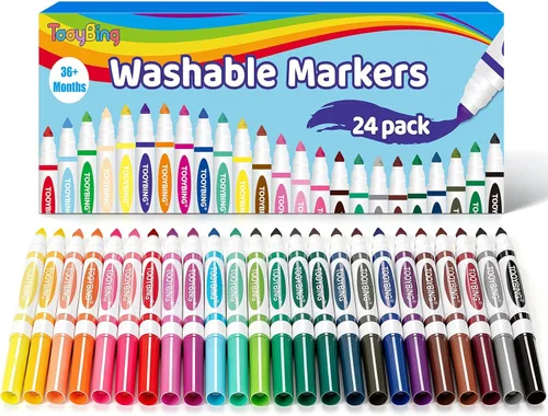 TooyBing 24 marcadores lavables de color, marcadores lavables de colores para niños, punta ancha duradera para libro de colorear, suministros