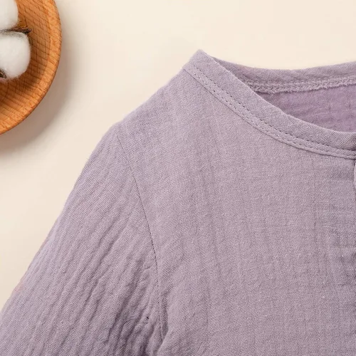 Miniatura 4 de Ropa de bebé con bolsillos, trajes de algodón para niña, mameluco de lino para niñas (morado, 3-6 meses)