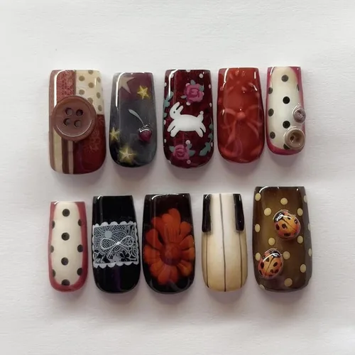Miniatura 9 de MISUD Uñas Postizas - Uñas Largas Forma Ataúd con Pegamento en Negro Gótico, Diseño Acrílico Gótico de Rosa 24 piezas