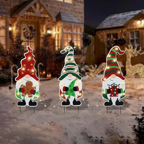 Miniatura 8 de Afirst Estacas de metal para patio de Navidad, decoración de patio al aire libre, gnomos que sostienen alegría, estacas de metal iluminadas, estaca