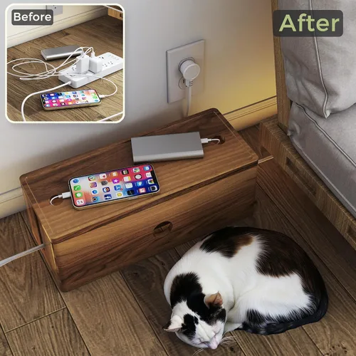 Miniatura 4 de Caja grande de madera de acacia para cables de alimentación, corrector de cable de perfil bajo para cables de piso y cables de extensión, protector