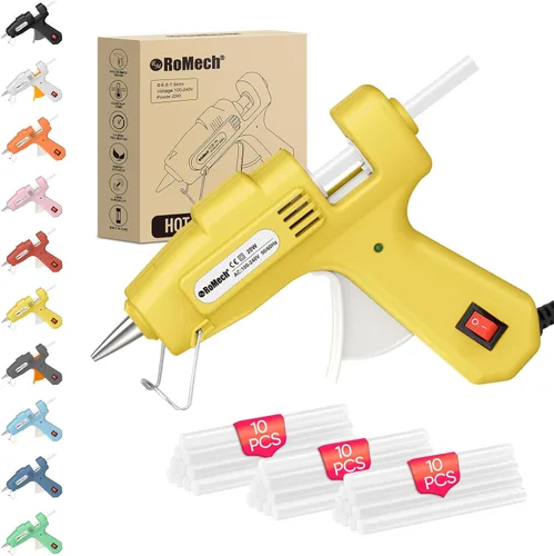 ROMECH Mini pistola de pegamento caliente de 20 W con set de 30 barras de pegamento, kit de pistola de pegamento caliente de precalentamiento rápido