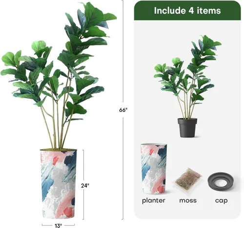 Miniatura 3 de Árbol artificial en macetero contemporáneo con patrón de margaritas, árbol de seda falso Ficus Lyrata para decoración del hogar en interiores