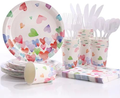 Platos y Servilletas de San Valentín - 168 PIEZAS Platos de Corazón Desechables Juegos de Vajilla para Fiestas Suministros para Fiestas de San