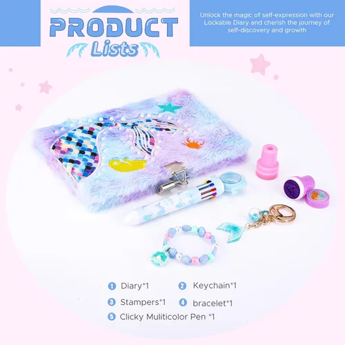 Miniatura 2 de homicozy Diario de sirena para niñas con cerradura y llaves, diario esponjoso tie-dye para niños con 160 páginas rayadas, cuaderno secreto mullido