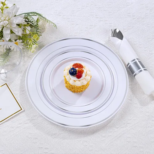Miniatura 6 de DaYammi Juego de vajilla de plástico plateado de 350 piezas para 50 invitados, platos desechables elegantes para fiestas, incluye: 50 platos llanos