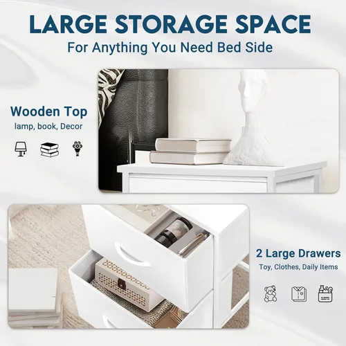 Miniatura 6 de LOFTEY Mesita de noche blanca, mesita de noche con 2 cajones de tela, mesita de noche para niños pequeños para dormitorio, mesa auxiliar de cama