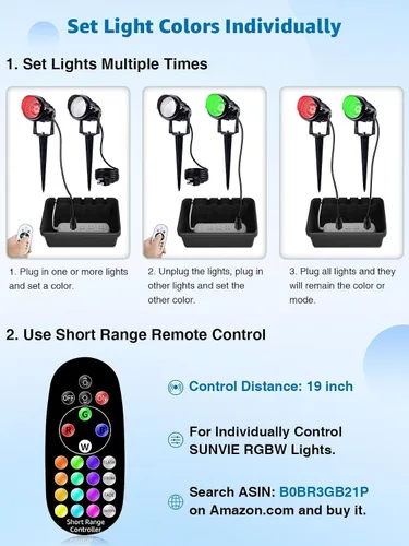 Miniatura 8 de SUNVIE Paquete de 2 focos RGBW para exteriores de 12 W LED que cambian de color con control remoto 120 V RGB iluminación de paisaje luces