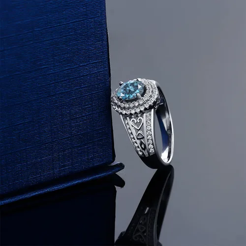 Miniatura 50 de Anillo de compromiso con halo de piedra preciosa y piedra natal en plata chapada en oro amarillo de 18 quilates, ovalado, 0.236 x 0.157 pulgadas