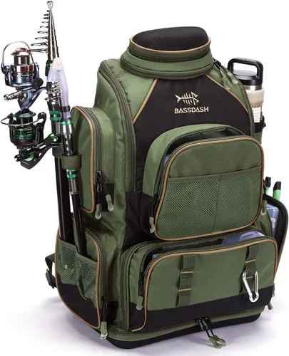 Miniatura 9 de Bassdash - Mochila para artículos de pesca, resistente al agua, táctica, con caja para aparejos suave, soporte para caña de pescar y cubierta