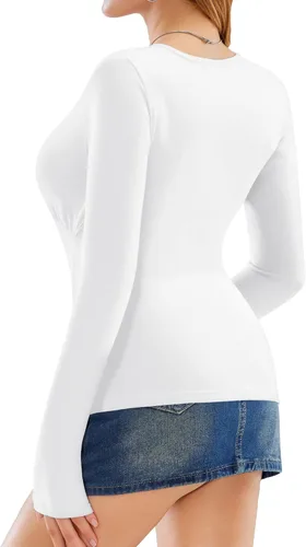 Miniatura 2 de MANGOPOP Camiseta de manga larga con cuello en V profundo y fruncido para mujer