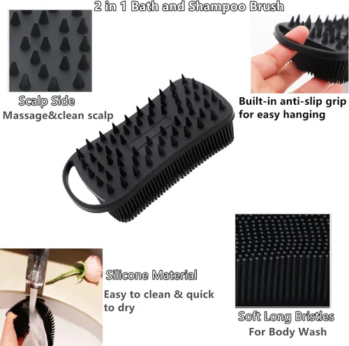 Miniatura 2 de Paquete de 2 exfoliantes corporales de silicona de doble cara para exfoliación, ducha y masaje del cuero cabelludo, cepillo 2 en 1 para baño