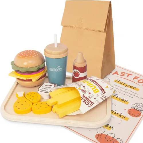 WOODENFUN Juego de comida de juego de simulación para niños, juego de comida rápida de madera con bandeja de hamburguesas, cola, papas fritas,