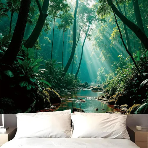 Atrippy Tapiz verde de naturaleza forestal para dormitorio, paisaje brumoso, telón de fondo para colgar en la pared, mural de pared grande, tapices