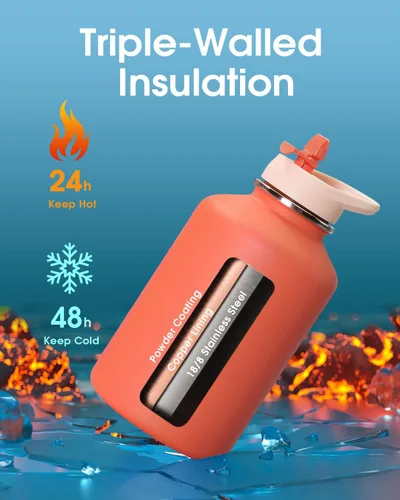 Miniatura 2 de Coolflask Botella de agua de 64 onzas aislada con funda de cuero PU, botella de agua de medio galón con contraste de color y tapa con popote, jarra